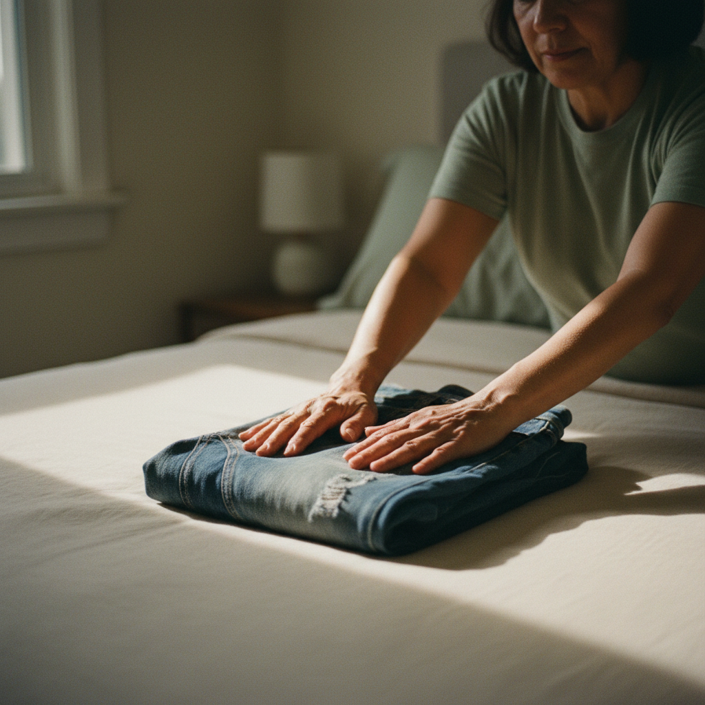 Hands resting on folded jeans on a bed