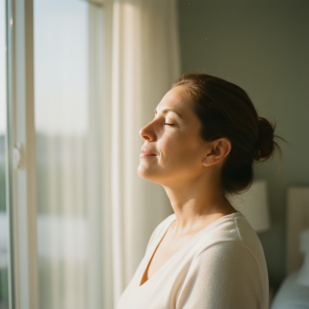 Woman taking a calm breath beside a bright window