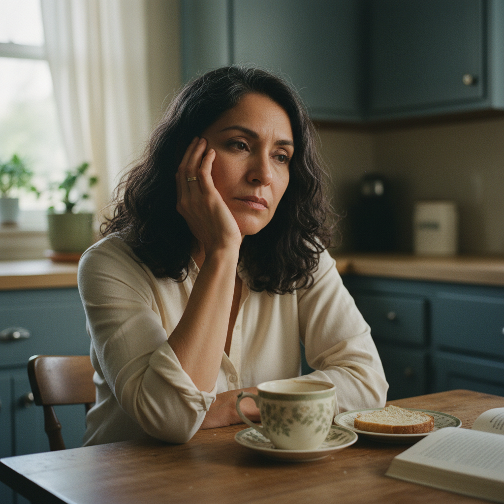 Woman sitting at a kitchen table with coffee and toast
